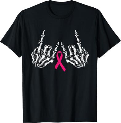 BEST! Skeleton Rock Hand Breast Cancer Awareness Cool Pink Ribbon Tee Size S-3XL