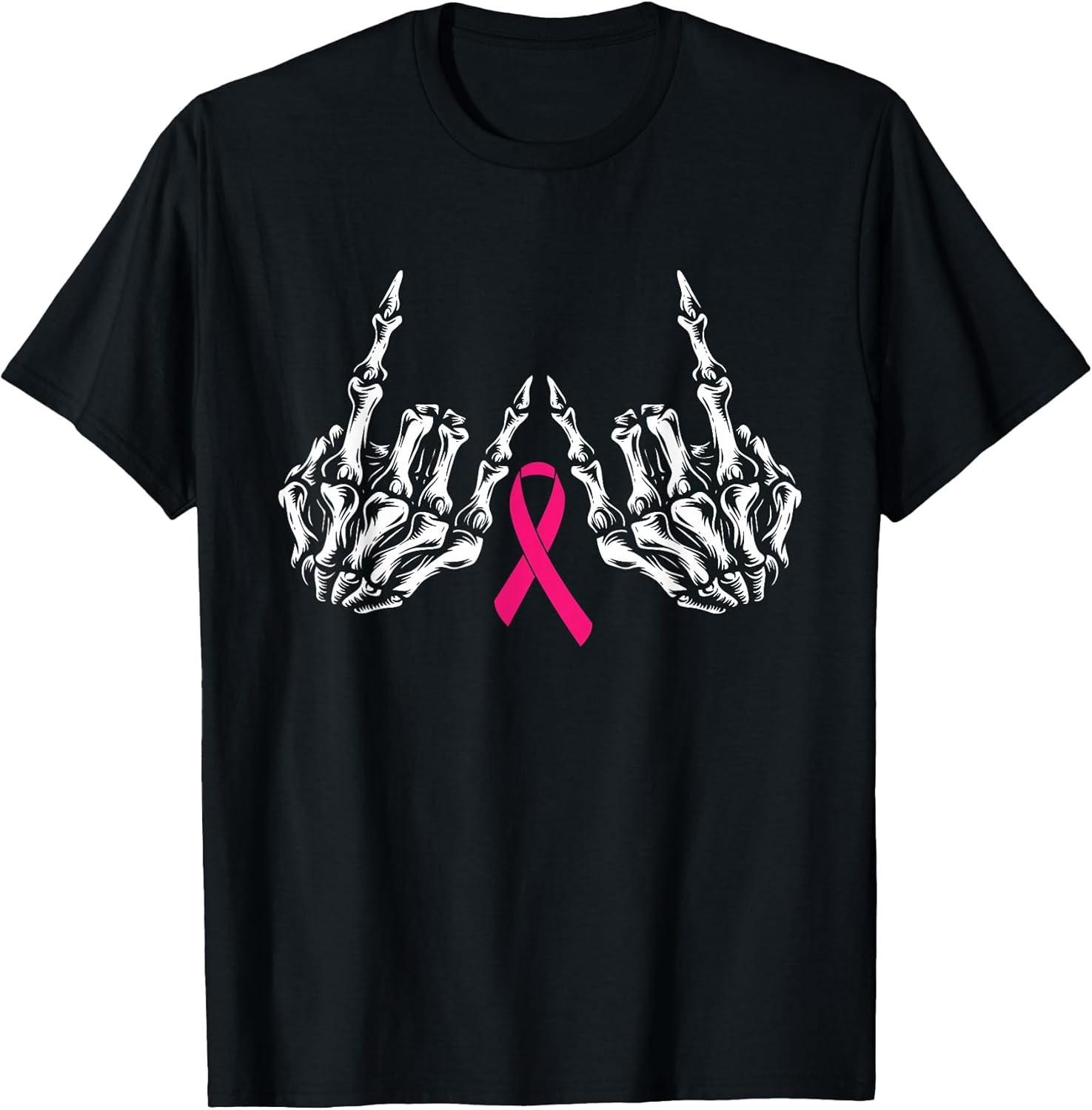 BEST! Skeleton Rock Hand Breast Cancer Awareness Cool Pink Ribbon Tee Size S-3XL S