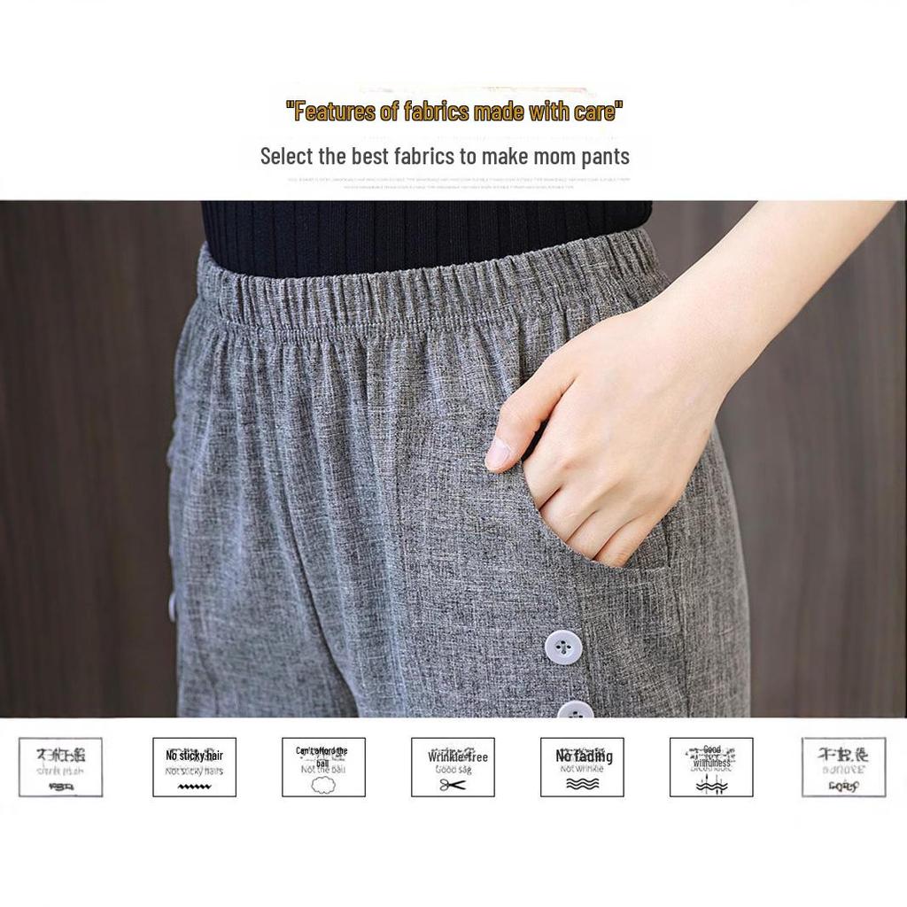 Women's High-Waist Cotton-Linen Summer Pants: Stylish, Elastic, Straight Fit for Middle-Aged and Elderly