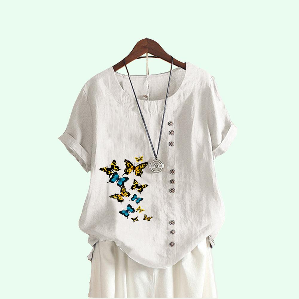 Tricou cu mânecă scurtă cu imprimeu de fluturi la modă pentru femei, ocazional de vară, cu gât rotund, bluze lejere din bumbac