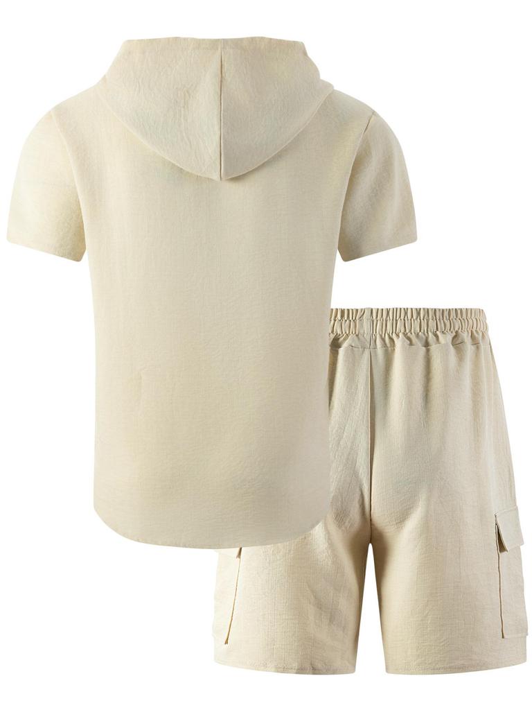 Men's Summer Casual Loose Hooded Short Sleeve Shirt and Workwear Shorts Set