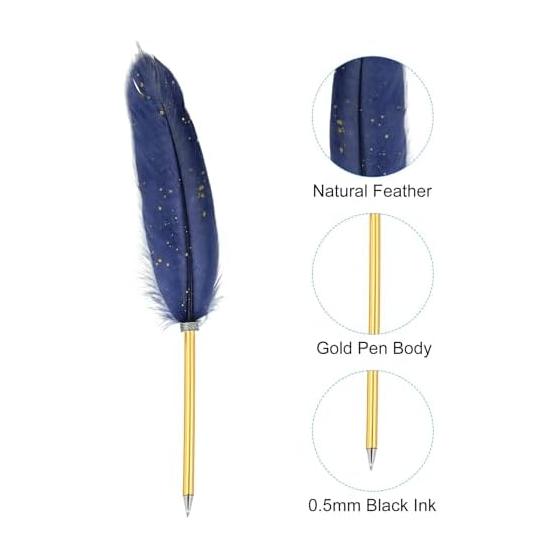 PATIKIL Feather Ballpoint Pen Set, Metal Holder, Black Ink, Vintage Quill Pen with 5 Refills, for Office and Wedding Signing, Blue