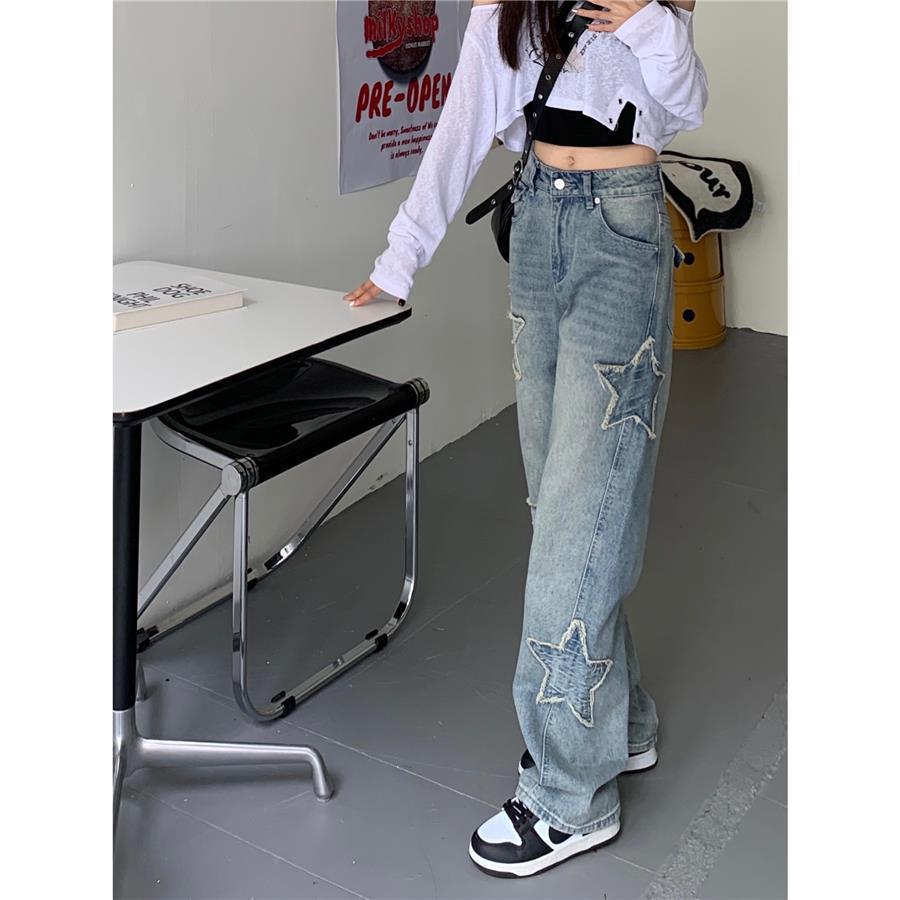 Women's High-Waist Wide-Leg Jeans with Five-Pointed Star Embroidery - Spring/Autumn 2022 Collection