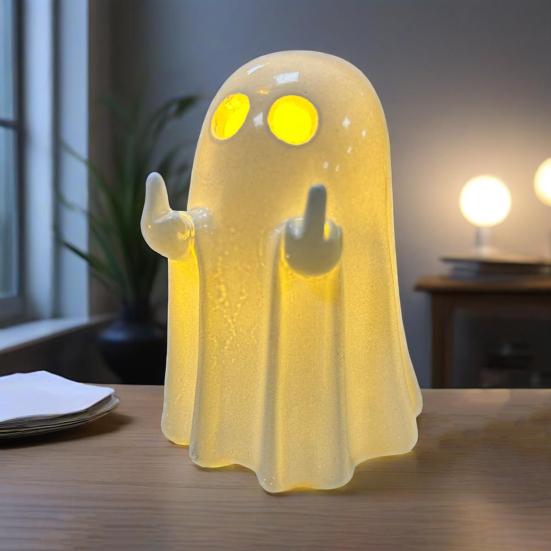 Pryskyřičná svítící dekorace duch pro Halloween Malá bílá figurka ducha Roztomilá svítící soška ducha pro domácí stolní patrovou podnosovou dekoraci