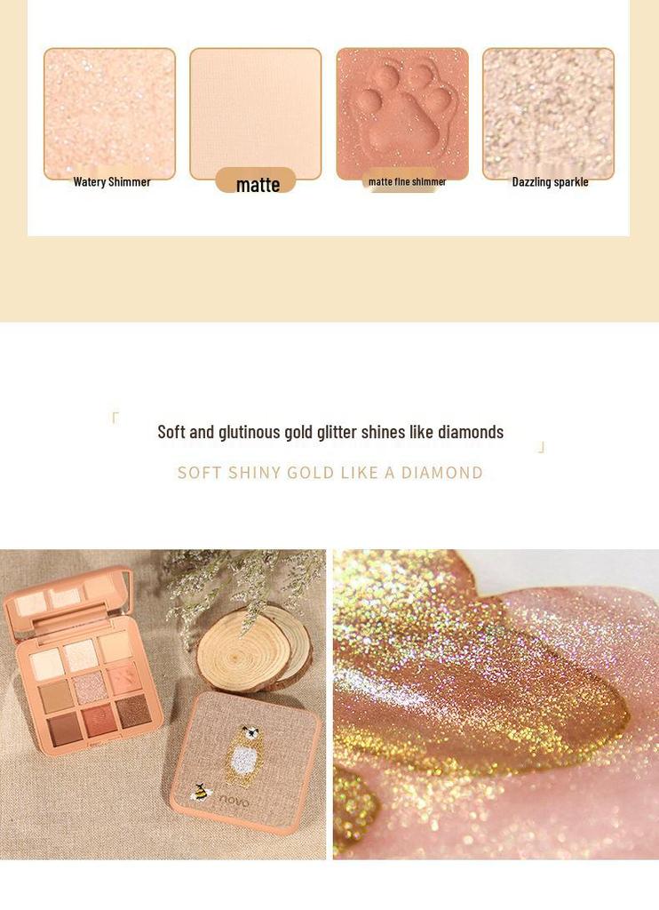 NOVO Nine-Color Earth Tones Eyeshadow Palette: Shimmer, Matte, Fine Glitter, Blendable, Student-Friendly.