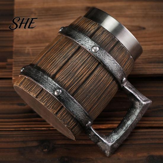 Food Grade Beer Mug Wood Barrel Mug, 600ml Stainless Steel Liner Stein, Durable Stein Rustic Tankard for Pub Home Bar Party Gift Vintage Style