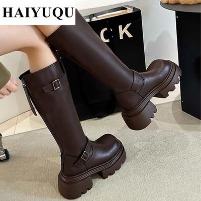 Płaskie Platformy Kobiety Botki Chelsea do Kolana Skórzane Buty Zimowe Luksusowa Marka Motocyklowe Śniegowce Moda Botas Mujer