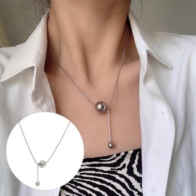 Women Titanium Steel Choker Round Necklace Ball Pendant Necklace Adjustable Length Wedding Party Necklace Gift