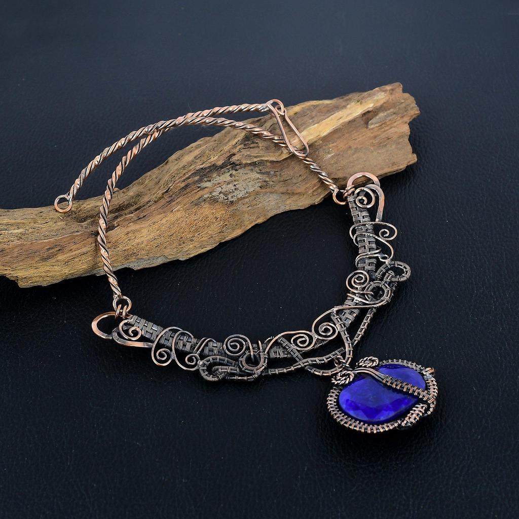 Blue Sapphire Necklace, Handmade Gemstone Necklace, 999 Copper Wire Wrapped Necklace Antique Jewelry, For Engagement Gift
