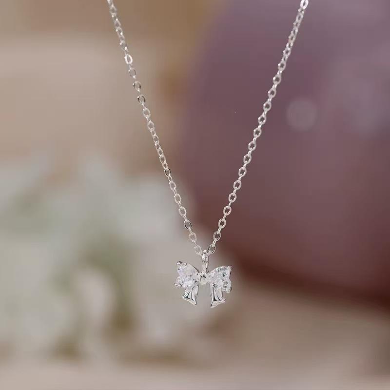 2025 High-End Sweet Style 925 Sterling Silver Zirconia Bow Necklace for Women – Fashionable Summer Clavicle Chain
