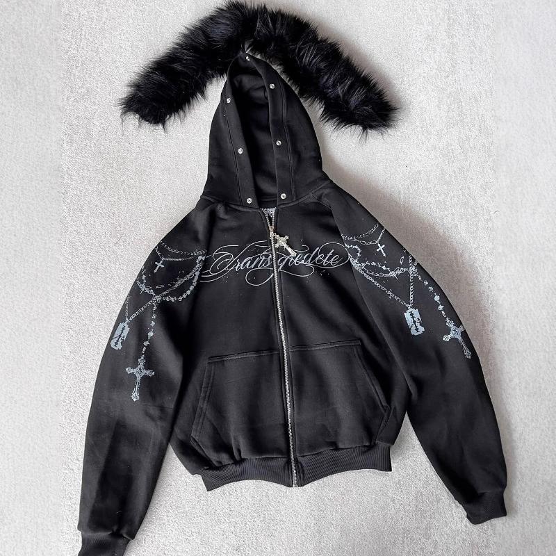 Evropská a americká podzimní a zimní volná mikina se zipem a potiskem písmen, s odnímatelným kožešinovým límcem, high street