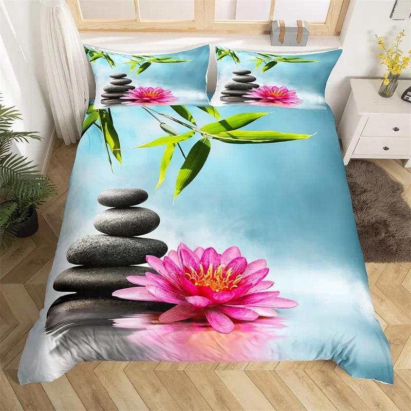 Comforter Zen Stones King Sandy Beach Bedding Set Microfiber Purple Phalaenopsis Comforter Meditation
