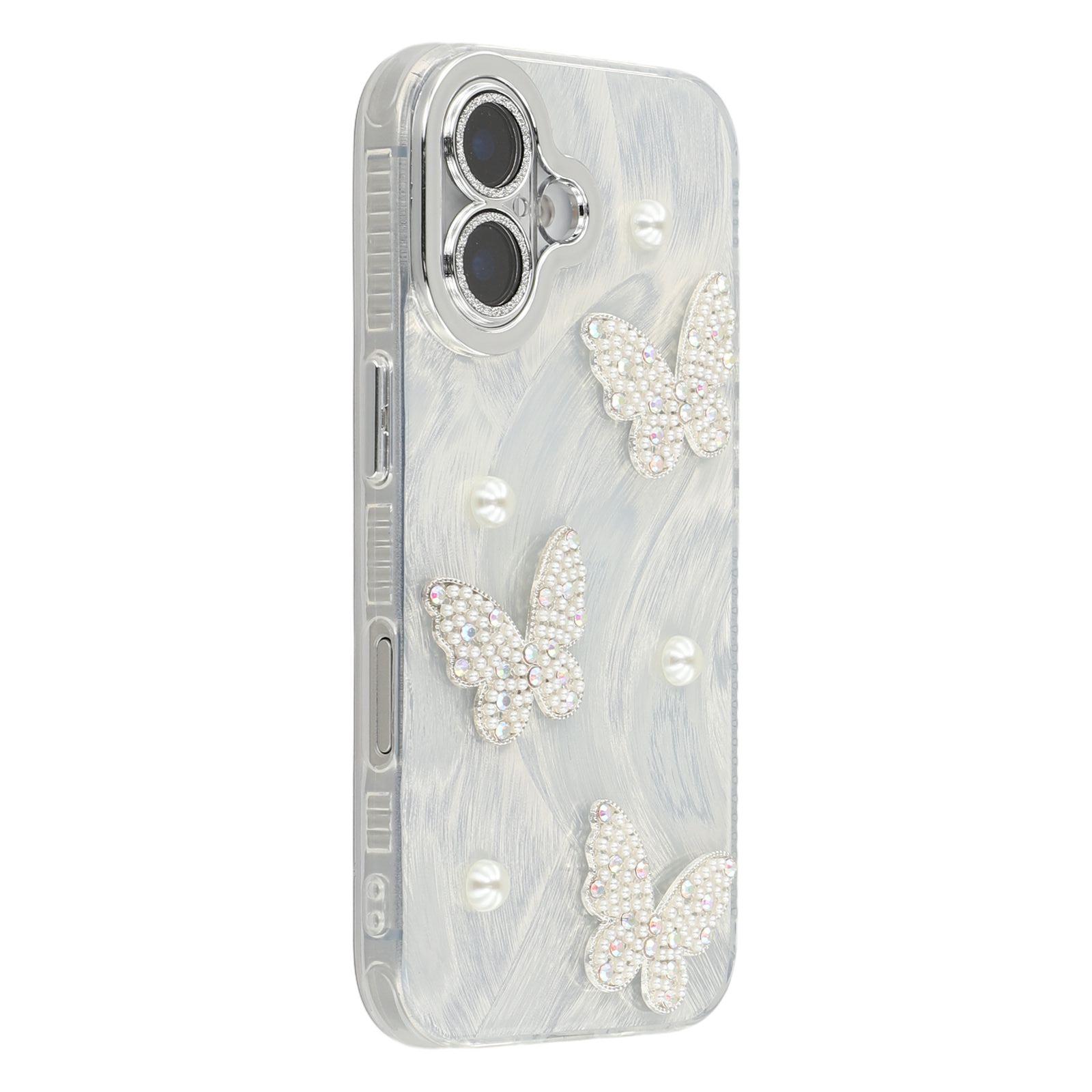 

For iPhone 16 Case Butterfly Pearl Decor IMD PC+TPU Phone Cover with Glass Lens Film As Shown B