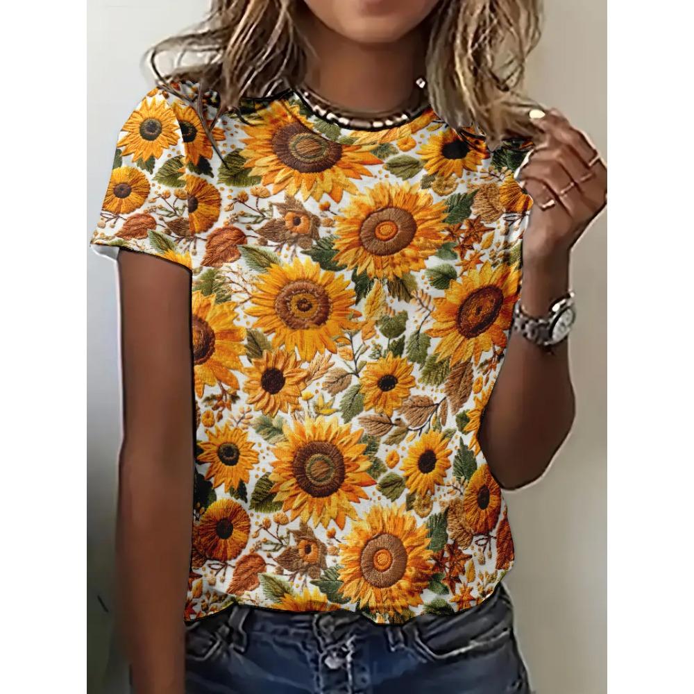 New women's 3D printed round neck pullover short sleeved loose casual comfortable T-shirt flower pattern versatile women's T-shirt