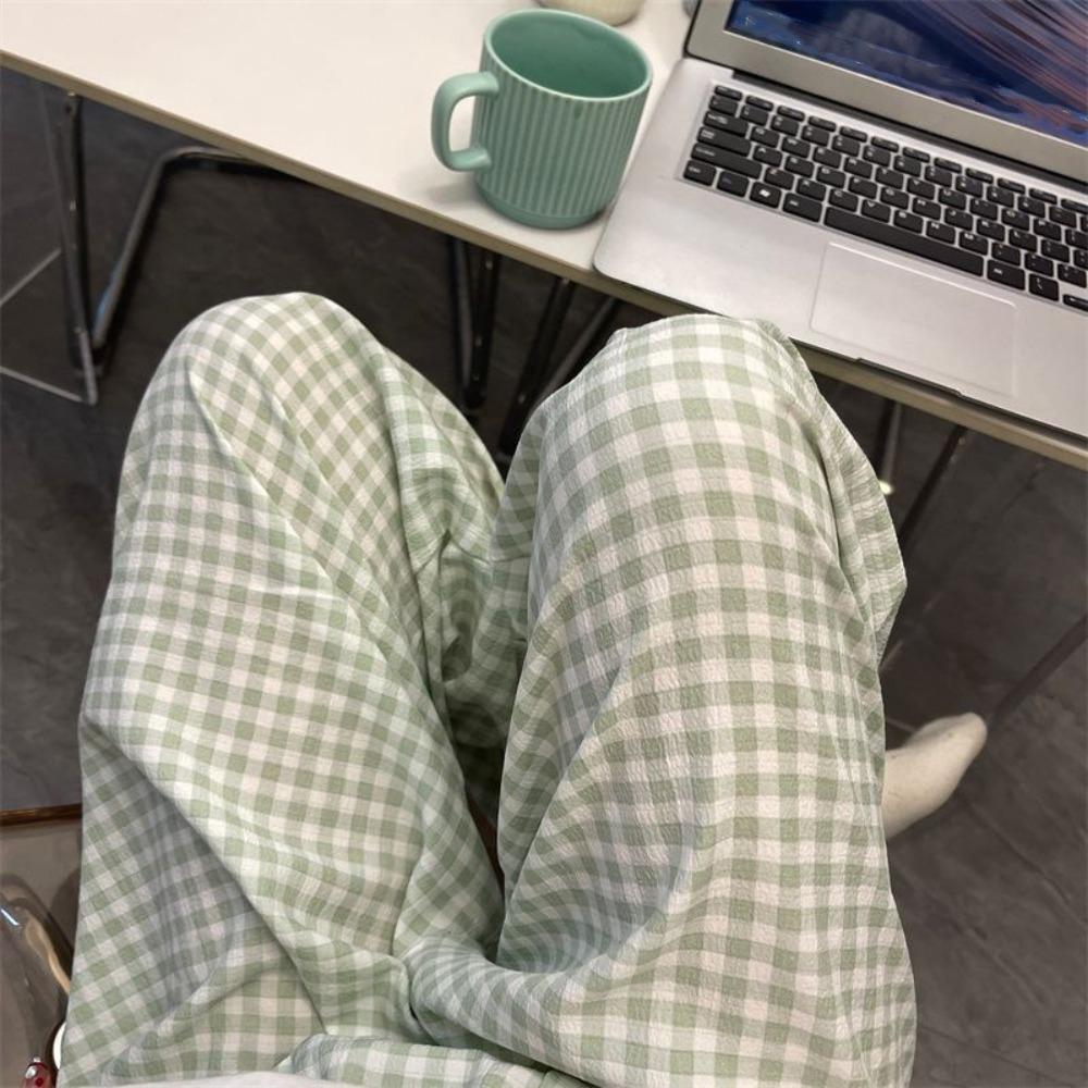 High Waist Casual Pants Women Stripe Plaid Baggy Home Pajama Soft Sweet Trousers Spring Autumn