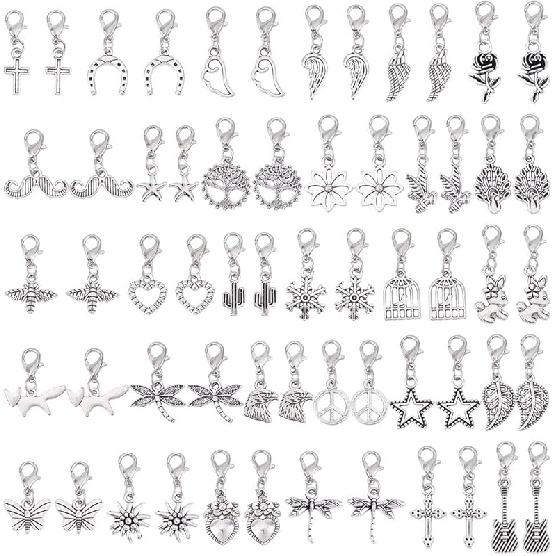 60Pcs 30 Styles Clip on Charm Pendants 22.5-35.5mm Dangle Charms with Lobster Clasp Mixed Styles Craft Charm for Jewelry Making
