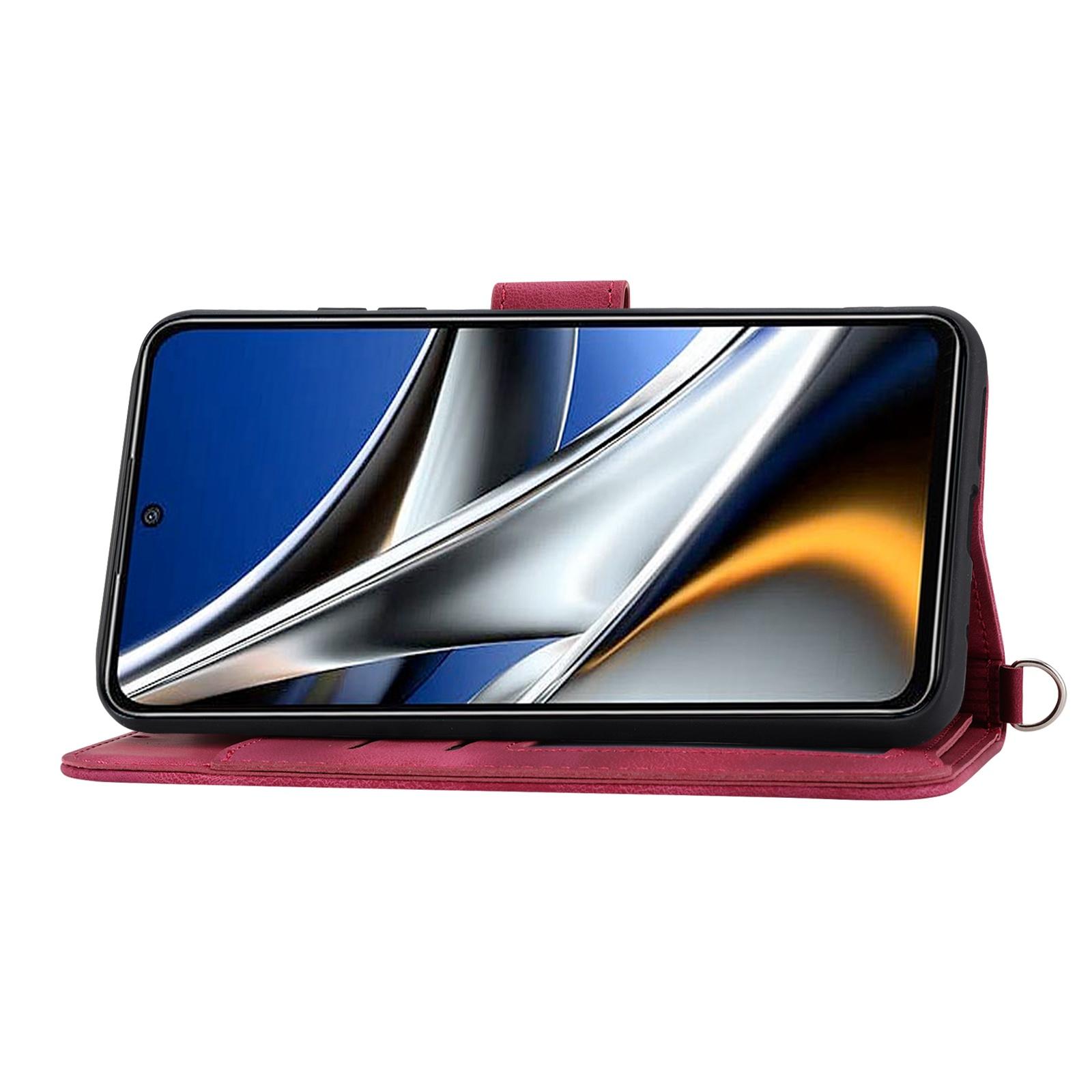 

Imprinted Flowers Stand Case for Xiaomi Poco X4 Pro 5G,Skin-touch Multiple Card Slots Phone Wallet Cover with Wrist Strap and Shoulder Strap Wine Red