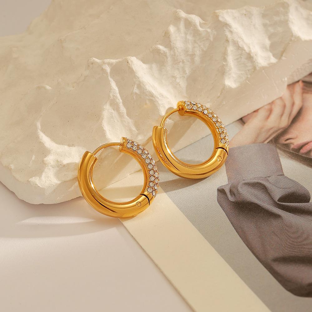 Ying Tai 18K Gold-Plated Stainless Steel Hoop Earrings with Diamonds - European & American Style