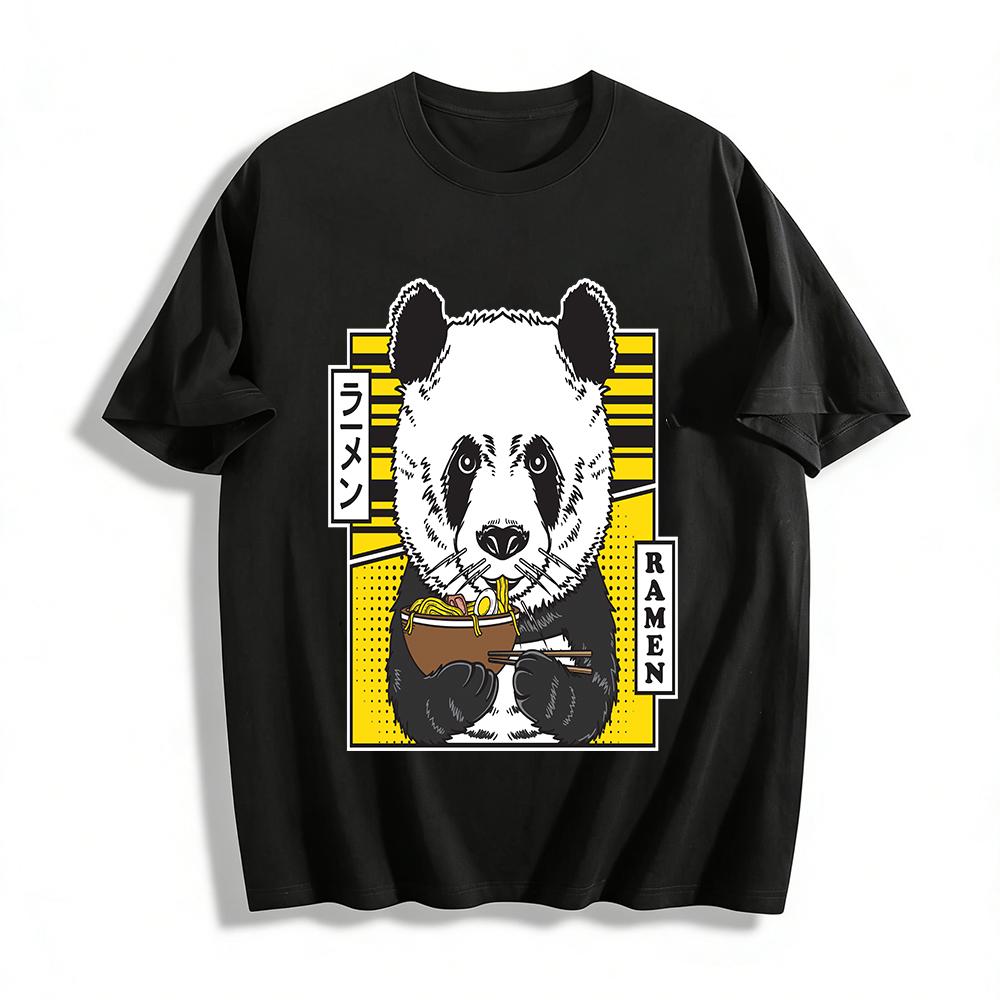 Cute Panda Eating Ramen Japanese Style Casual Graphic T-Shirt Pure cotton T-shirt XXS