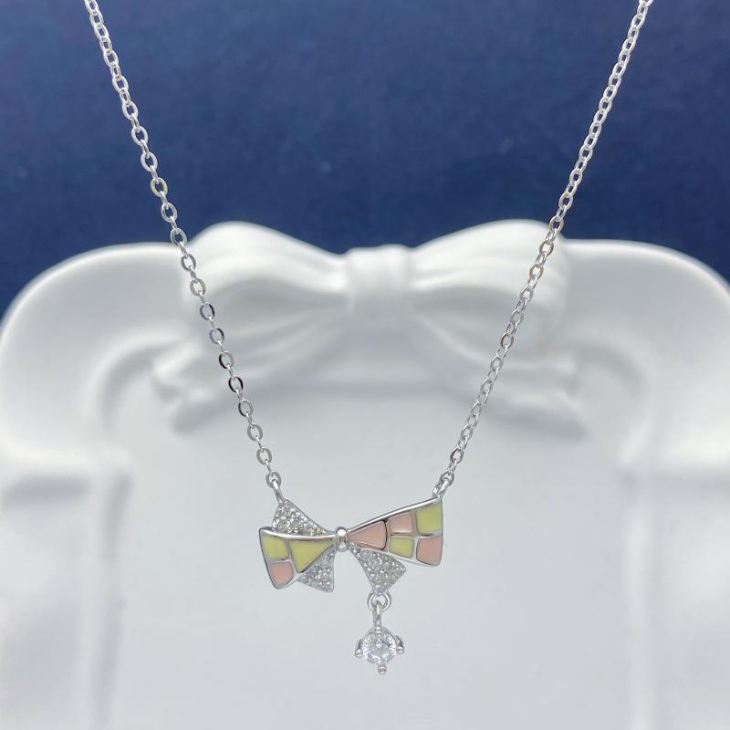 Korean Style S925 Sterling Silver Bow Necklace for Women - Simple, Creative, Fashionable Enamel Design 925 Silver