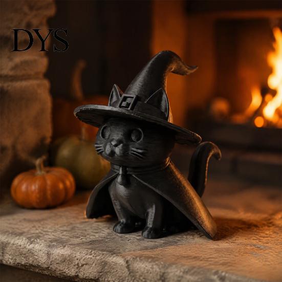Small Sculpture for Study Room Gothic Witch Hat Black Cat Figurine, 3D Printed Wizard Cloak Kitten Versatile Soft Furnishing Statue, Spooky