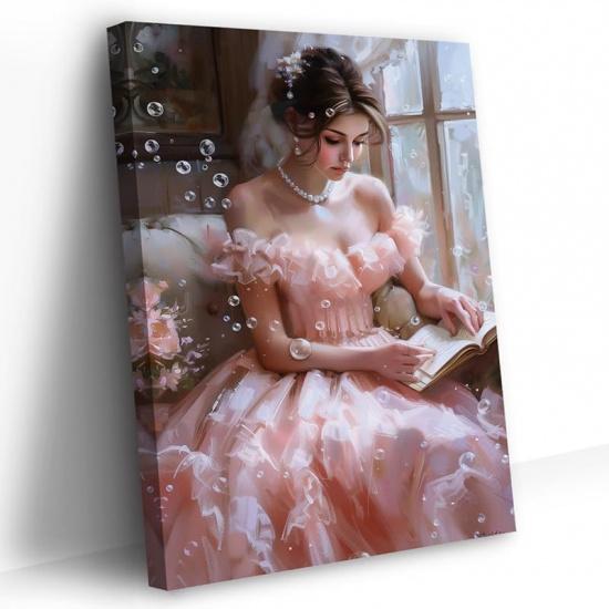PBXBJY Vintage Female Canvas Wall Art Girl Reading Book Pictures Retro Women Painting Print Classroom Bedroom Gallery Girls Room Decor Frame (24L X