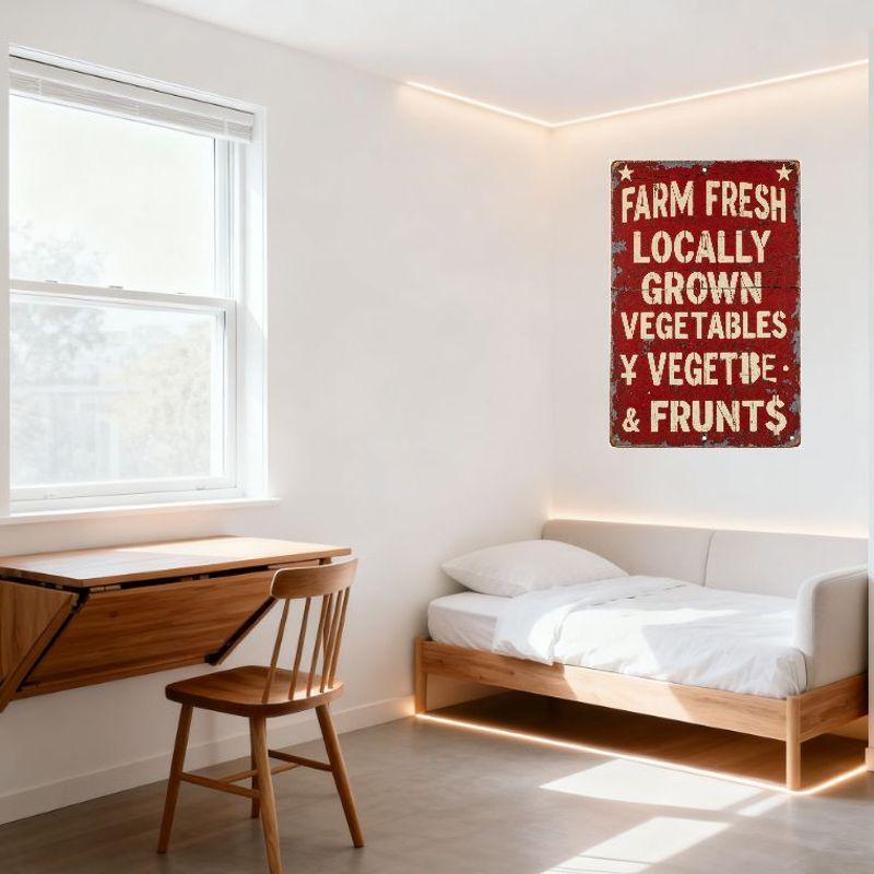 Vintage Farm Fresh Locally Grown Vegetables & Fruits Distressed Tin Sign with Stars, Holes for Hanging - Rustic Antique Produce