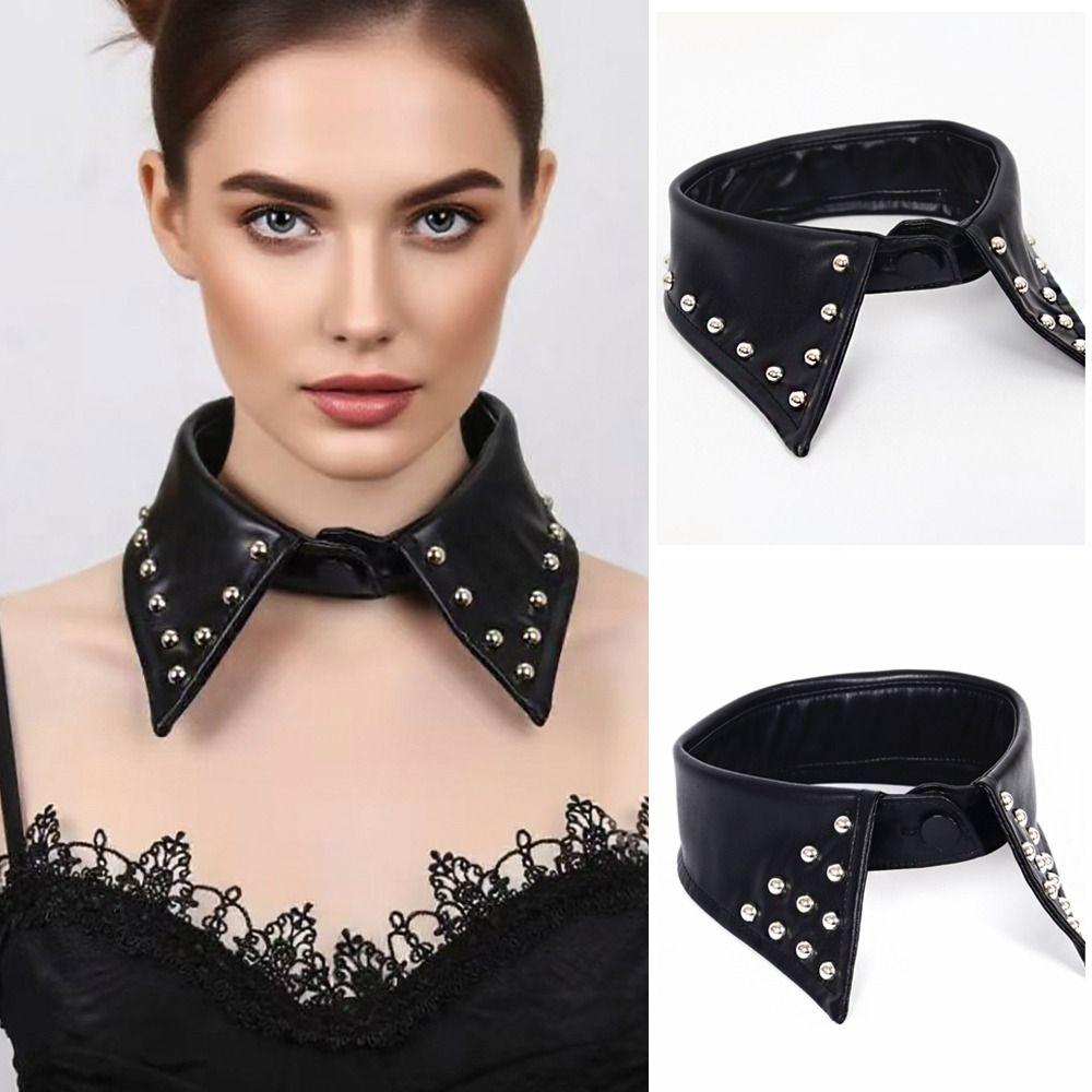 Detachable Black Leather Fake Collar Pu Punk Style Collar Cool Rivet Collar  Photo Props