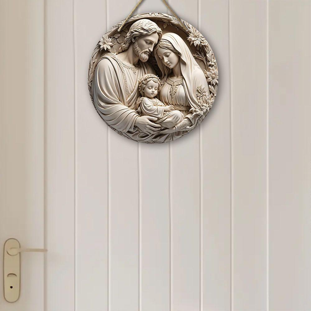 Holy Family Round Wooden Hanging Sign, 2D Flat Wooden Religious Wall Decor, Christian Faith Home Ornament