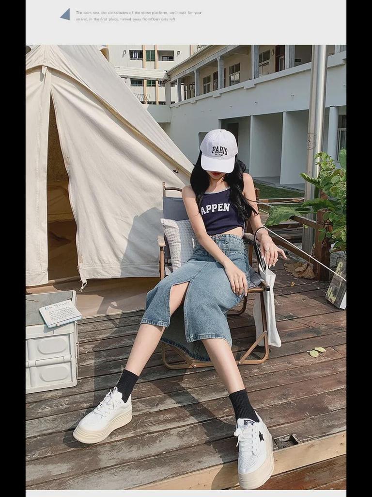 Women's High-Waist Denim A-Line Skirt with Pockets and Slit - Retro Mid-Length Design