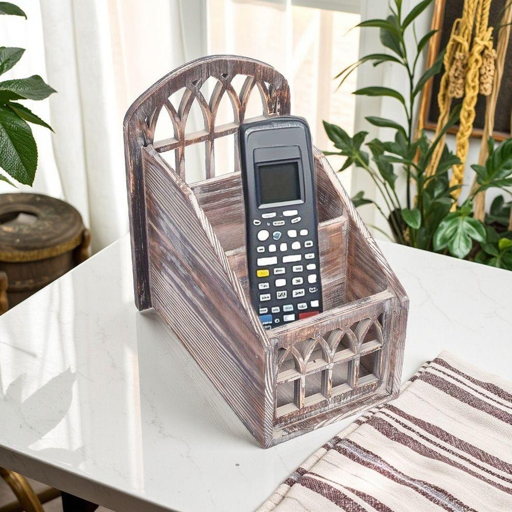 Durable 3 Grids Remote Control Storage Box Wooden Vintage Style Remote Control Holder Decorative Desktop Storage Box Bedroom