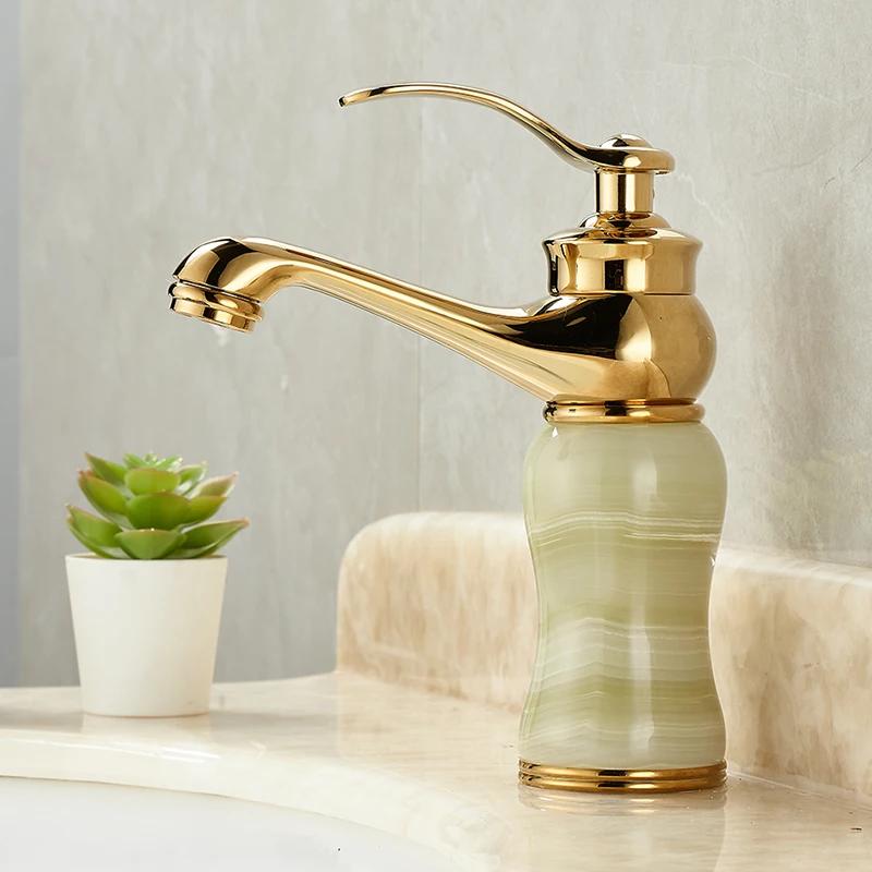 Gold Faucet Wall Mount Bathroom Washbasin Sink Faucet Brass Jade Crystal Cold Hot Mixer Taps Torneira ZR251