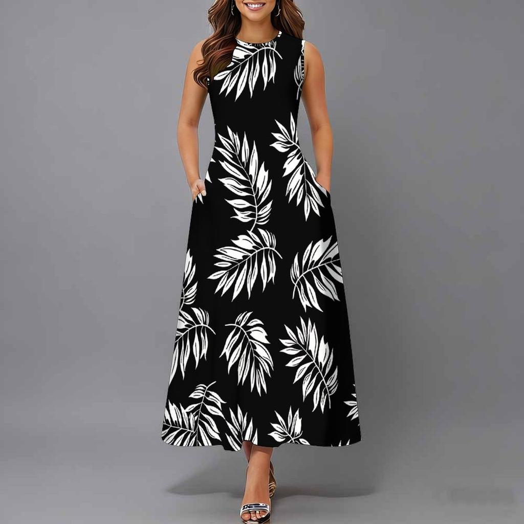 Women Plus Size Sleeveless Round Neck Dress Bright Tropical Flamingo Printed Loose Maxi Gown