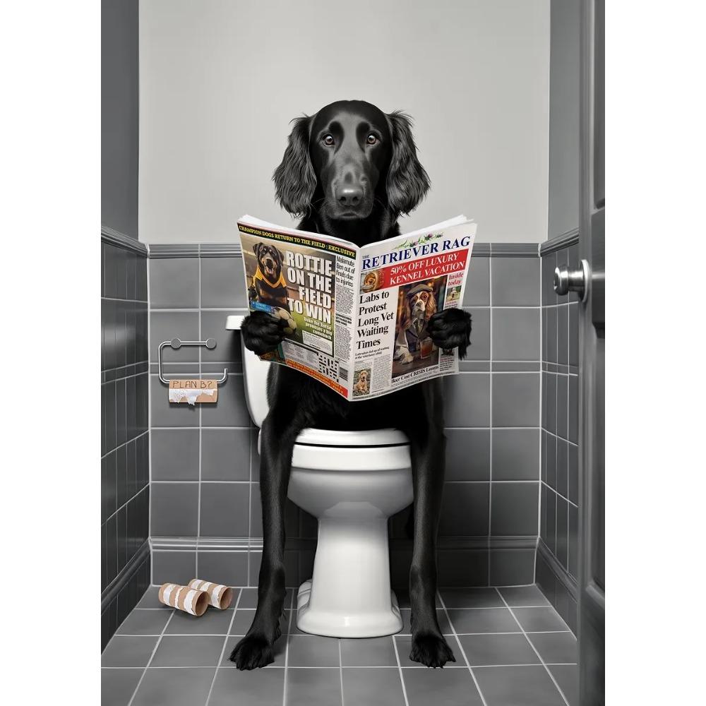 Funny Bathroom Poster Dog Reading Newspaper On Toilet Prints Pet Owner Gift Canvas Painting Wall Art Picture Home Bathroom Decor