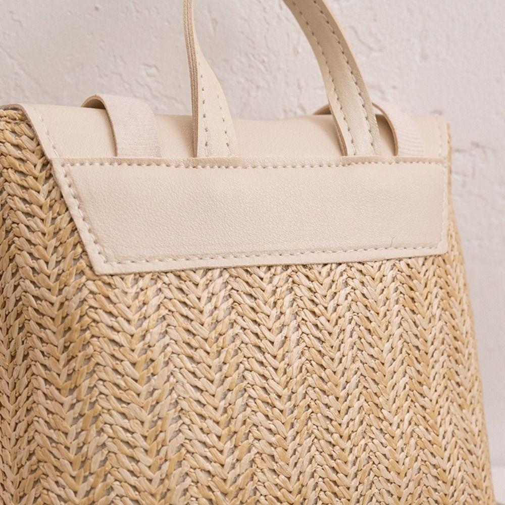 Fashion PU Leather Straw Backpack Retro Design Elegant Look Woven Backpack Luxury Vintage Style Satchel Bag All-match Style