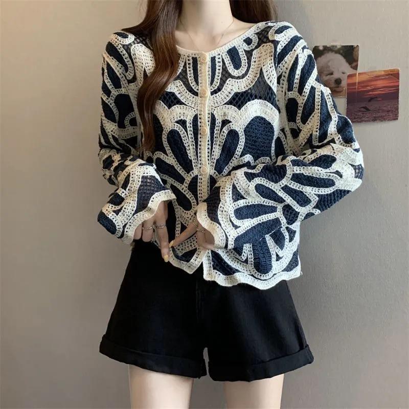 Women Red White Crochet Lace Button Up Flare Sleeve Cardigan
