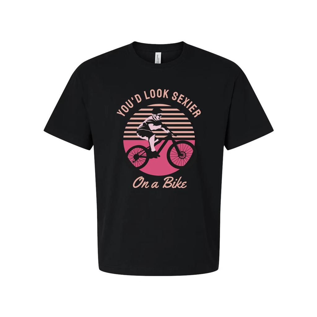 Unisex Bicycle Rider Graphic Tee With Retro Sunset Circle Design For Cycling Ent