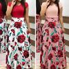 Women Floral Print Color Block Round Neck Beach Party Short Sleeve Maxi Dress