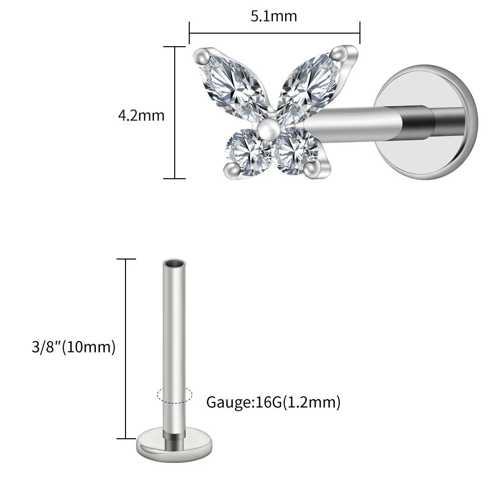Right Grand ASTM F136 Titanium 16G Mini Butterfly CZ Labret Tragus Cartilage Conch Forward Helix Stud Nose Piercing Body Jewelry