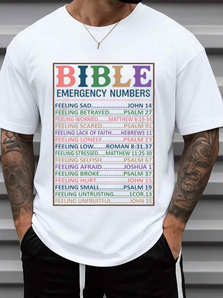 Men's Bible Emergency Numbers T-Shirt - 180GSM 100% Faith Shirt with A-Z Bible Verse Chart, Casual Round Neck Short Sleeve Tee for Church, Religious