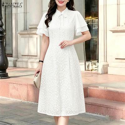 Women Stand Collar Casual Short Sleeve Lace Patchwork Dress