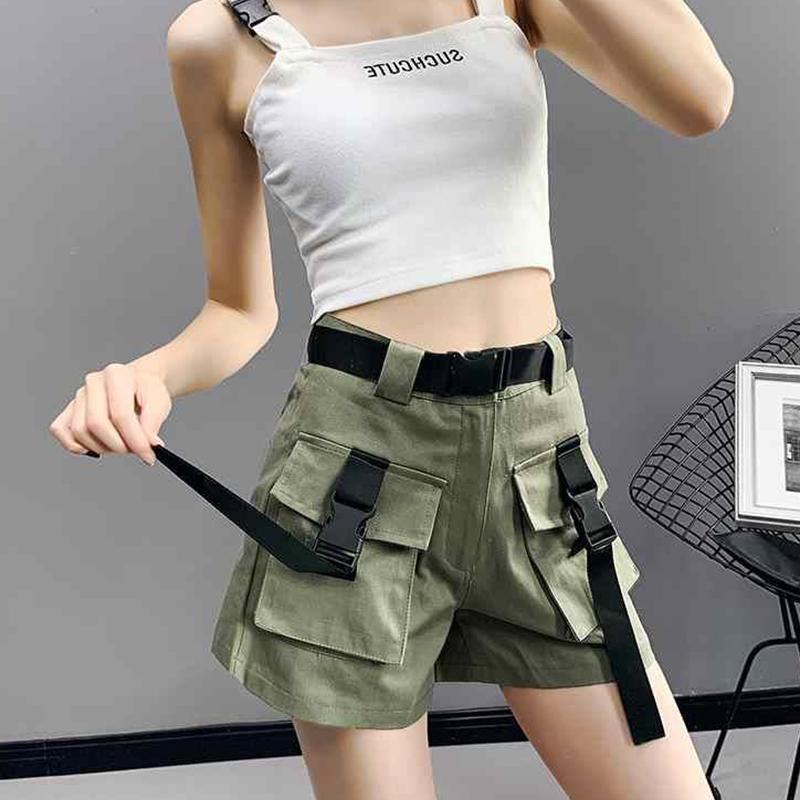 

Повседневные шорты-карго Y2k с высокой талией, женские свободные узкие карманы в стиле Харадзюку, уличные брюки, модные летние широкие прямые брюки 3XL зелёный