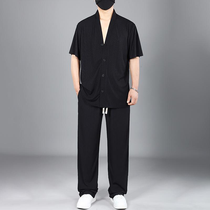 

Летний костюм из ледяного шелка большого размера Мужской быстросохнущий кардиган Футболка с коротким рукавом Свободные спортивные брюки Костюм-двойка 10XL чёрный