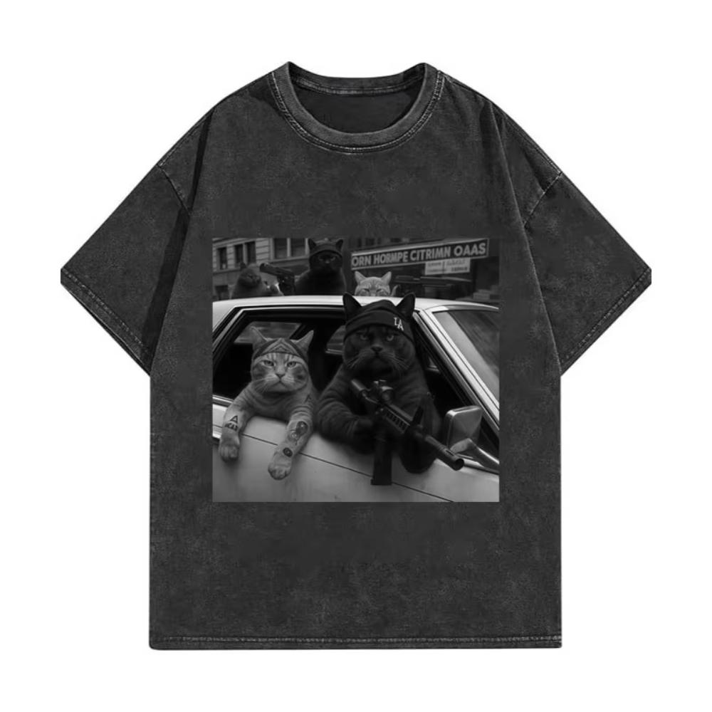 Lustige Katzenbande Meme Grafik T-Shirts Herren Damen Mode Vintage Gewaschene T-Shirts Sommer Hohe Qualität Baumwolle Übergroße T-Shirts