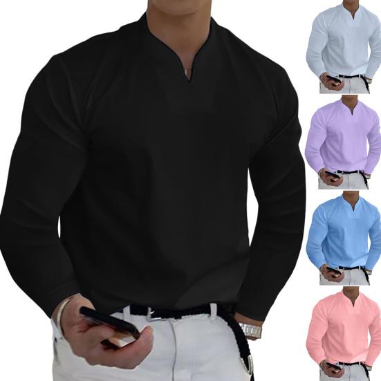 Men Tops Solid Color Slim Fit Long Sleeves Pullover Colorfast V Neck Casual Plus Size Autumn Shirt Men Clothes