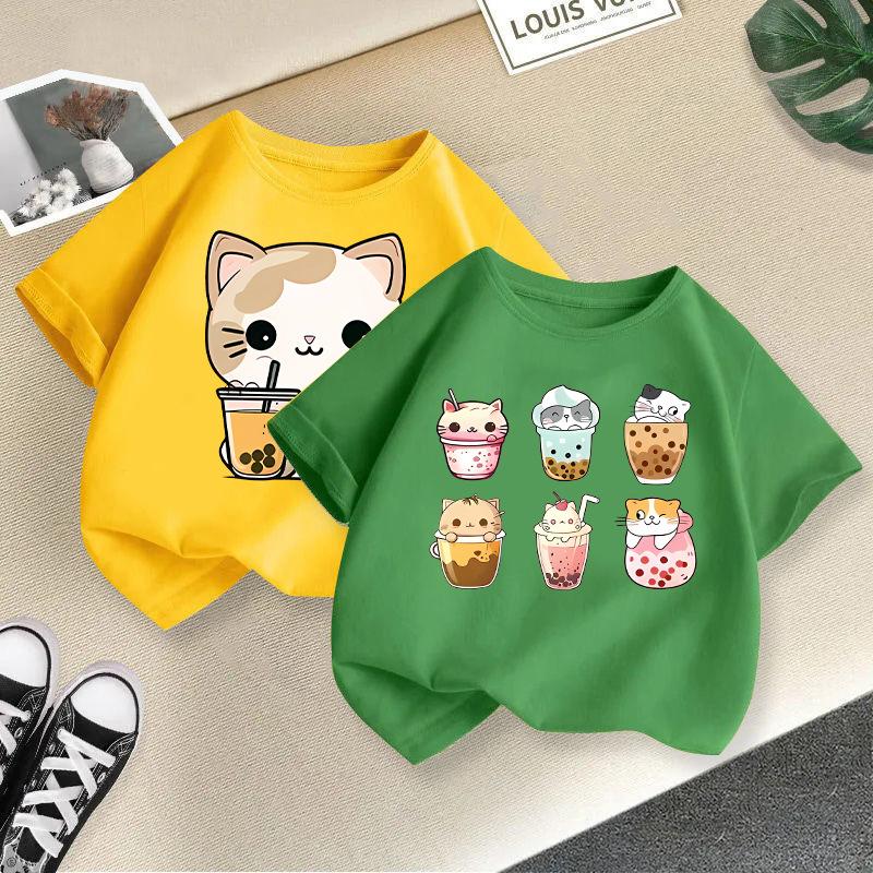 Children's Casual Short-sleeved T-shirt - Summer Boys' and Girls' Casual Cute Cat T-shirt