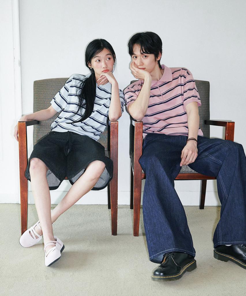 GLW [Unisex] Striped Collar Half Knit Blue