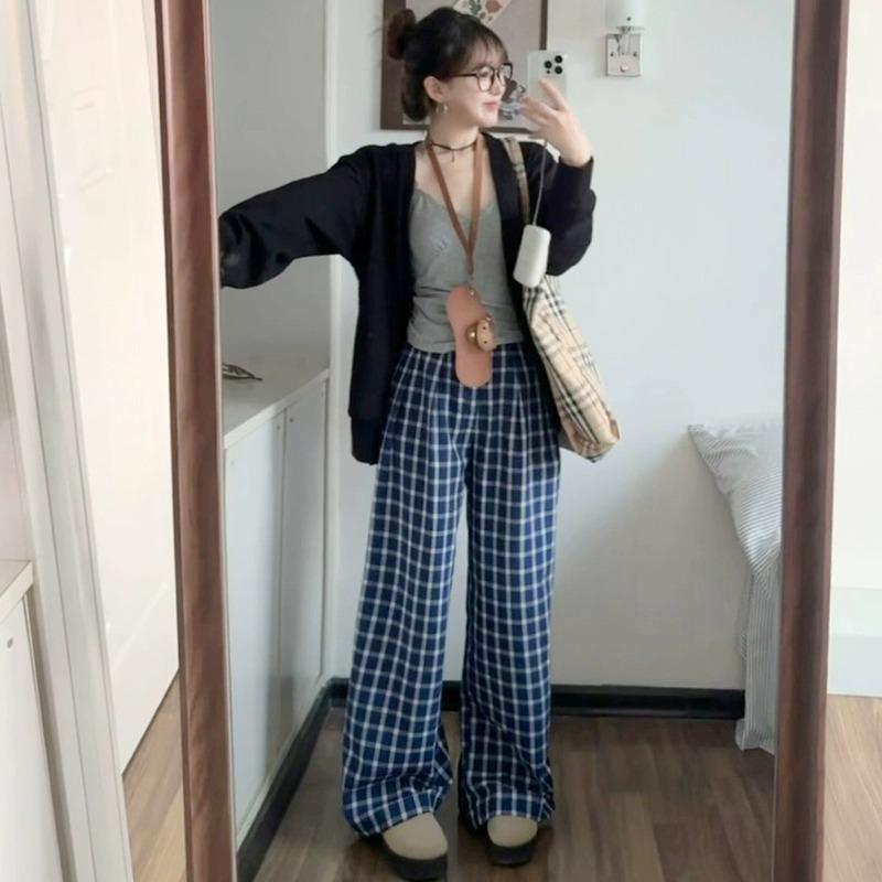 Lu Si Blue Plaid High-Waist Loose Straight-Leg Petite Women's Summer Pants, XS