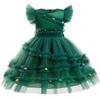 Girls Christmas Tree Dress Flying Sleeve Xmas Party Tutu Dress Bow Knot Colorful Pompoms Mesh Dress