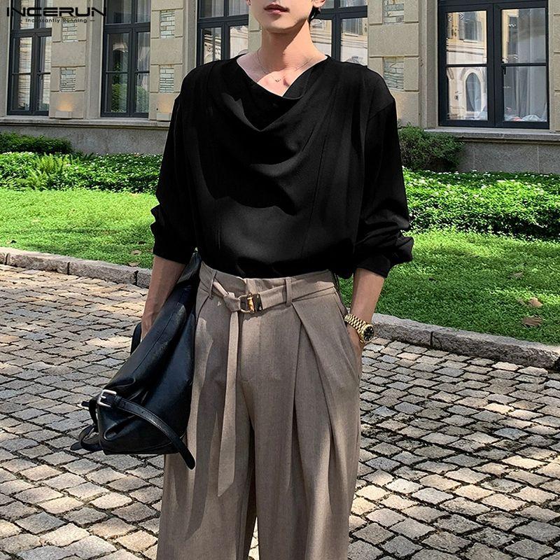 INCERUN Camisas Casuales Holgadas de Manga Larga para Hombre, Talla Grande, Cuello Oscilante, Lisas